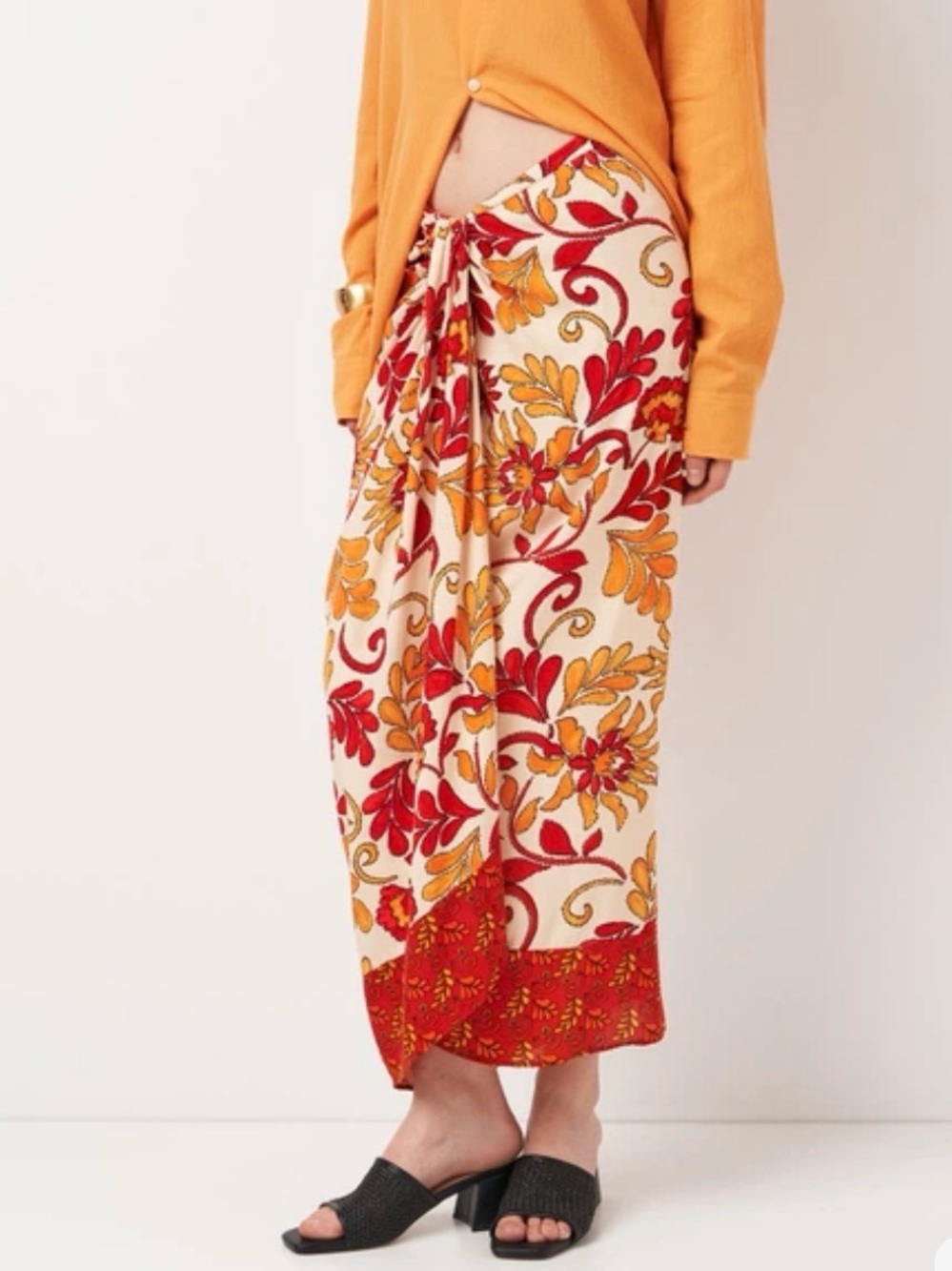 Zara Floral Wrap Sarong in Red and Orange on Cream